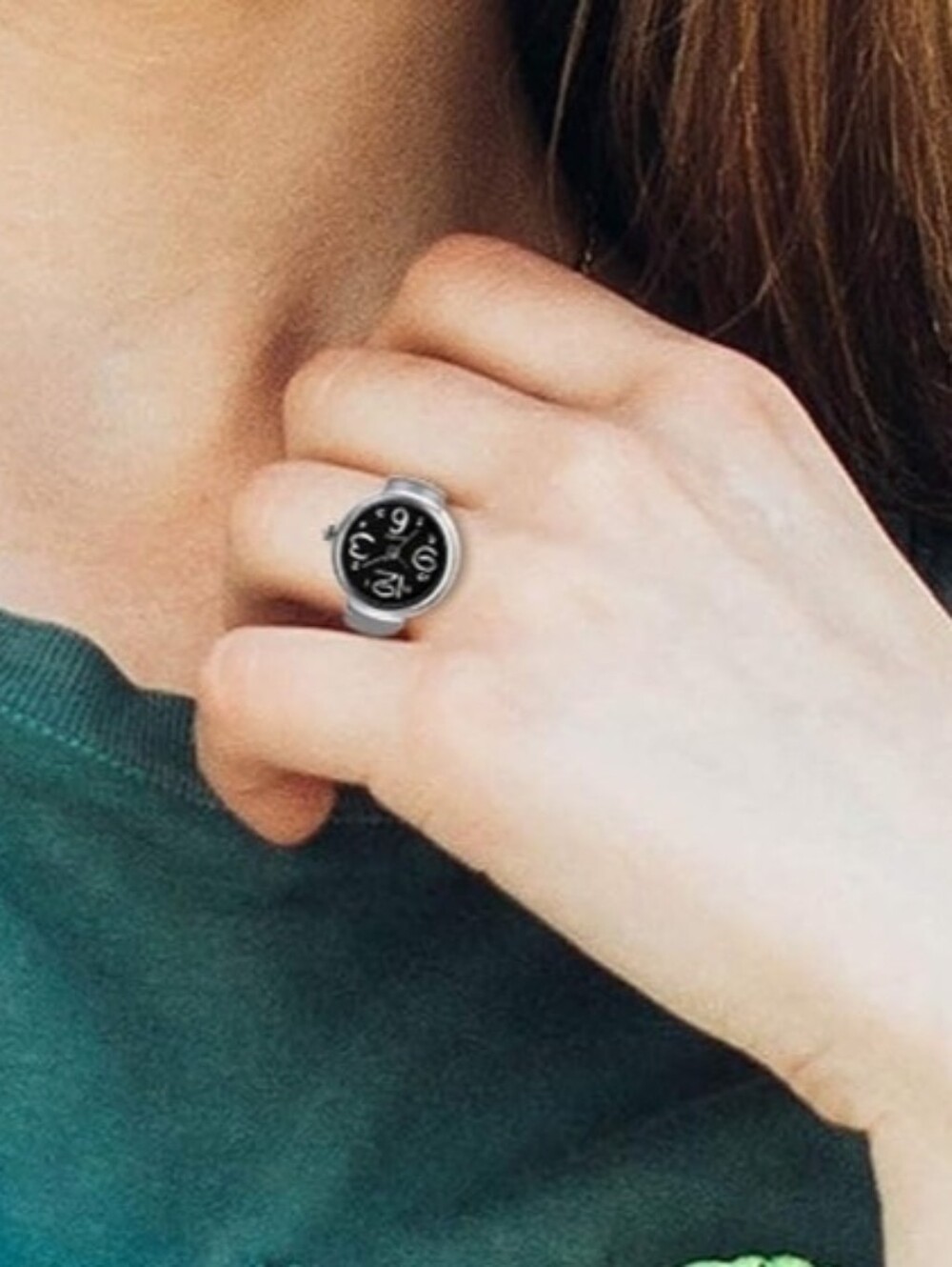 Silver Quartz Watch Ring with Black Dial Stretchable